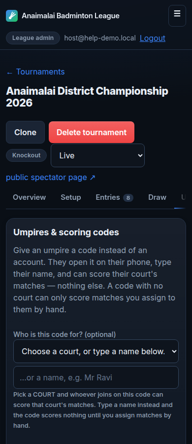 The scoring codes screen, showing one code for Court 1 and another for Court 2.