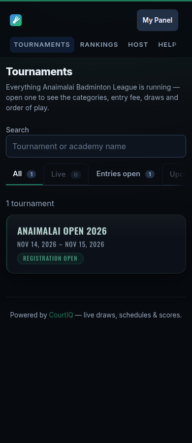 The list of tournaments in the league.